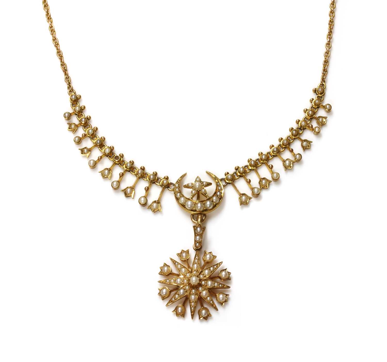 Lot 83 - A late Victorian gold, split pearl, fringe and star pendant necklace, c.1900