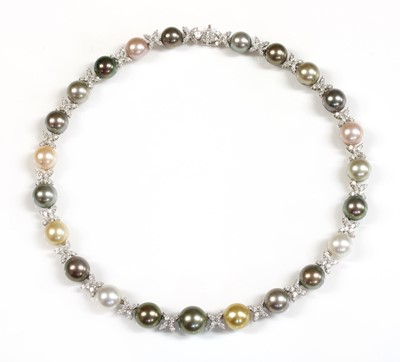 Lot 217 - A Continental white gold Tahitian and South Sea cultured pearl and diamond necklace