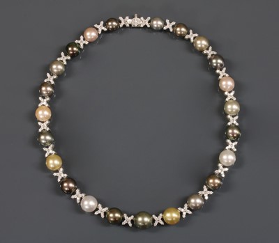 Lot 217 - A Continental white gold Tahitian and South Sea cultured pearl and diamond necklace