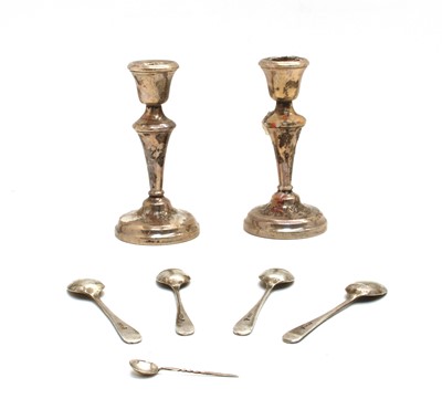 Lot 45 - A pair of silver candlesticks with knopped tapering stem