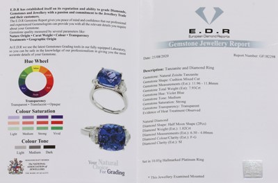 Lot 354 - A platinum three stone tanzanite and diamond ring