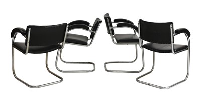 Lot 86 - A set of four black leather and chrome cantilever chairs