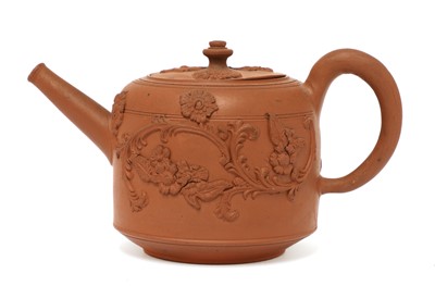 Lot 148 - A Staffordshire redware small cylindrical teapot and cover
