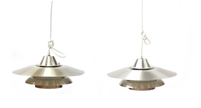 Lot 584 - Two Danish chrome and bronzed brushed aluminium pendant lights