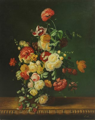 Lot 530A - Dutch School (20th Century), Still life of roses, tulips, carnations in a vase on a carved table