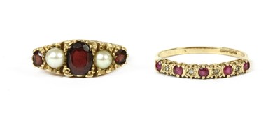 Lot 350 - A 9ct gold garnet and pearl ring