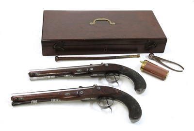 Lot 768 - A cased pair of flintlock full stock duelling pistols by P Bond
