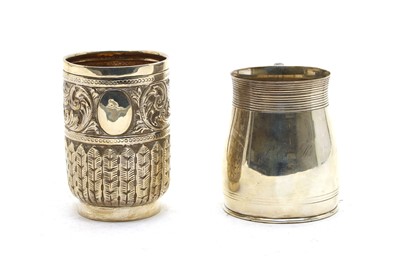 Lot 68 - A George V silver mug of milk can shape and reeded border by Mappin & Webb