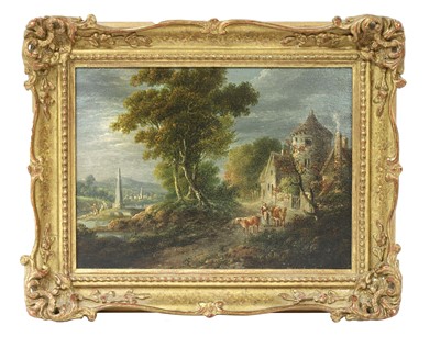 Lot 503A - John T Young (British, exh. 1790-1822), Continental river landscape, oil on panel