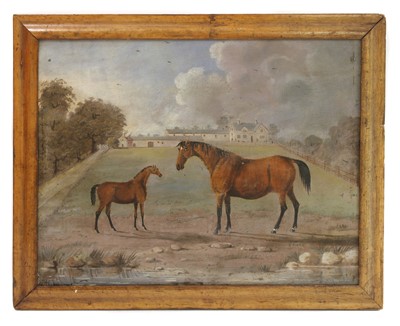 Lot 755 - English School (19th century), A bay mare and her foal in parkland, oil on tin