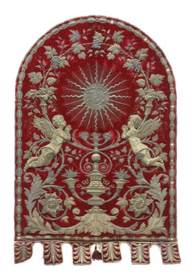 Lot 366 - An Italian gilt and silvered metal and red velvet altar hanging