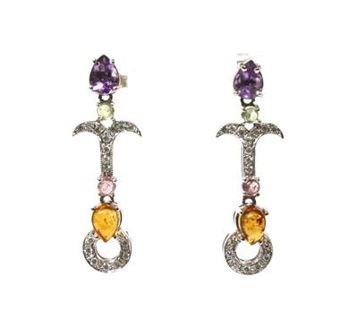 Lot 297 - A pair of white gold diamond and assorted gemstone drop earrings