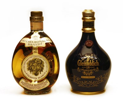 Lot 377 - Glenfiddich, Aged 18 Years, one bottle and Vecchia Romagna Brandy, one bottle