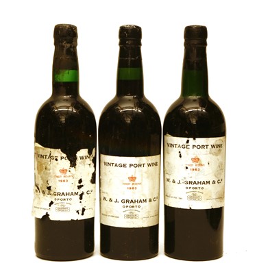 Lot 314 - Grahams, Vintage Port, 1963, three bottles (labels damaged)