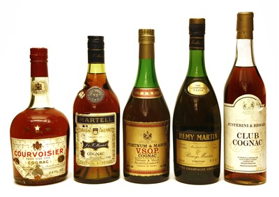 Lot 384 - Assorted Cognac: Courvoisier, Three Star Luxe Cognac, one 24 fl. oz. bottle and four various others