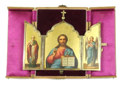 Lot 1 - A silver gilt travelling icon of Christ Pantocrator and chosen saints