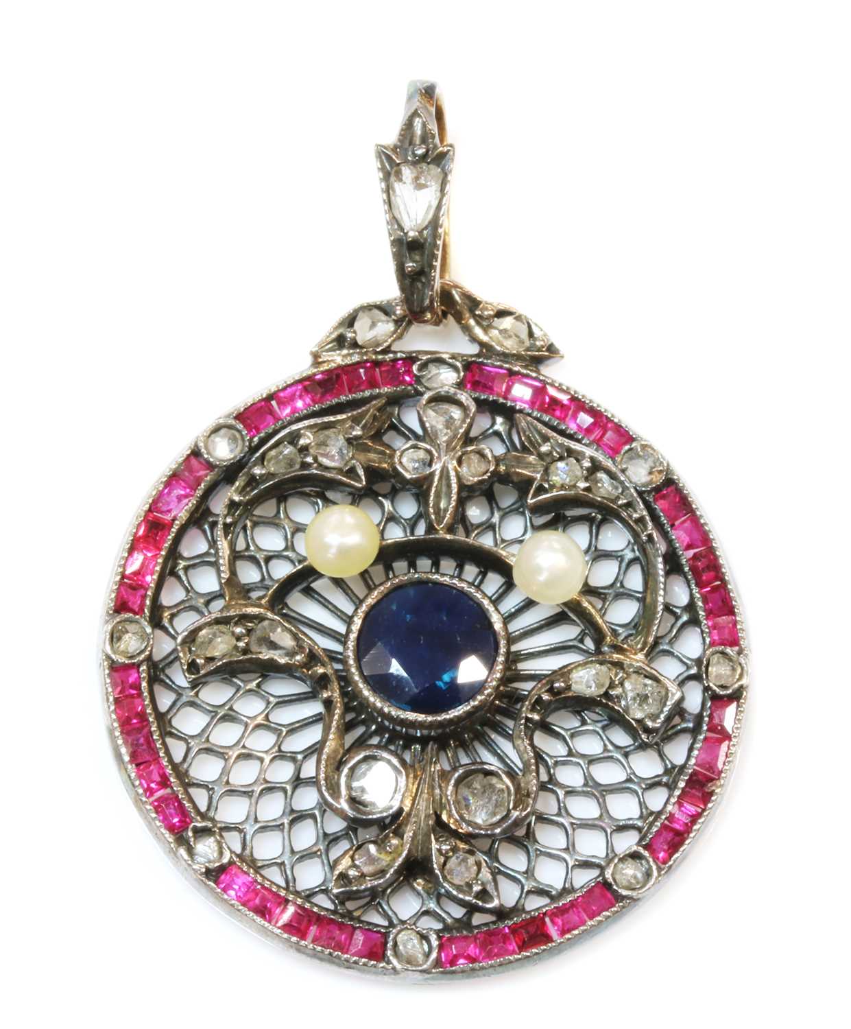 Lot 158 - An Edwardian sapphire, ruby, diamond and pearl pendant, c.1910