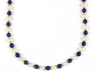 Lot 314 - A 9ct gold cultured pearl and lapis lazuli bead necklace