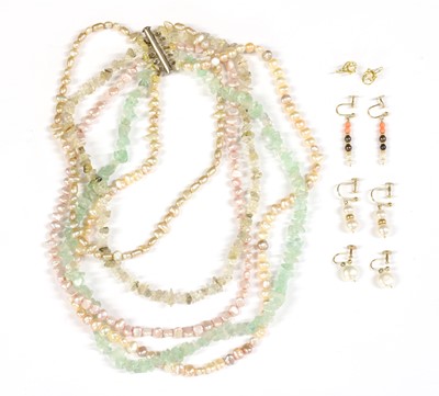 Lot 342 - A five row dyed freshwater cultured pearl, quartz and green fluorite bead necklace