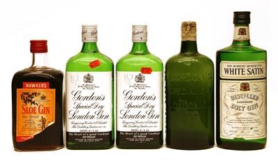 Lot 401 - Assorted Gin to include: Gordons, White Satin and Hawkers, five bottles in total