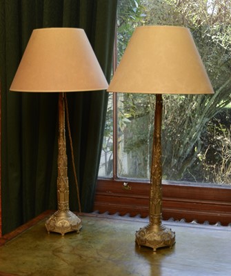 Lot 195 - A pair of Gothic Revival brass table lamps
