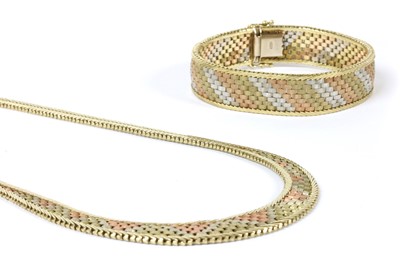 Lot 192 - A 9ct three colour gold brick link necklace and bracelet suite, c.1980