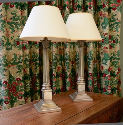 Lot 352 - A pair of silver-plated Corinthian column table lamps