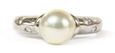 Lot 324 - A white gold cultured pearl and diamond ring, by Mikimoto