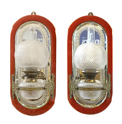 Lot 925 - A pair of brass and glass girandole oil wall lights