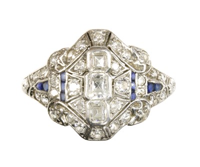 Lot 129 - An Art Deco diamond and synthetic sapphire plaque ring, c.1930