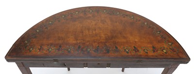 Lot 399 - A Sheraton period painted satinwood demilune card table