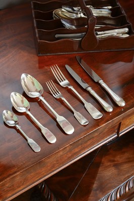 Lot 141 - A composite George III and later silver fiddle pattern cutlery service