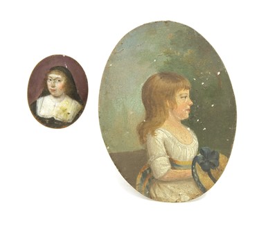 Lot 154 - English School (18th Century),  Portrait miniature of a small gilt, oil on tin; with another (2)