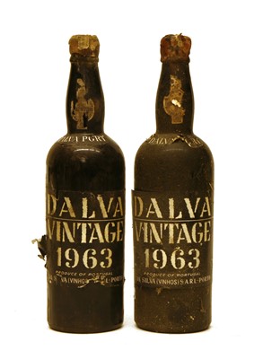 Lot 327 - Dalva, Vintage Port, 1963, two bottles, wax capsule damaged, (TS/BN)