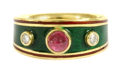Lot 195 - An 18ct gold enamel ruby and diamond ring