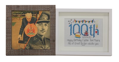 Lot 110 - Happy Birthday Captain Tom Needlework and a foil back print