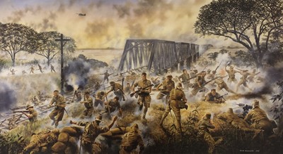 Lot 121 - The Battle of Sittang Bridge, Burma signed, colour print