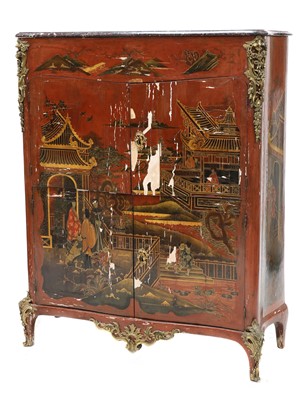 Lot 418 - A French Louis XV and later red lacquer chinoiserie side cabinet