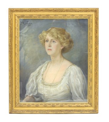 Lot 587A - Alfred Praga, RCA, RBA (British, 1864-1949), Portrait of a lady, in a gold and cream dress