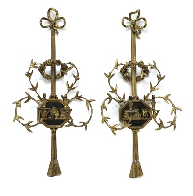 Lot 111 - A pair of giltwood and gesso girandole wall lights