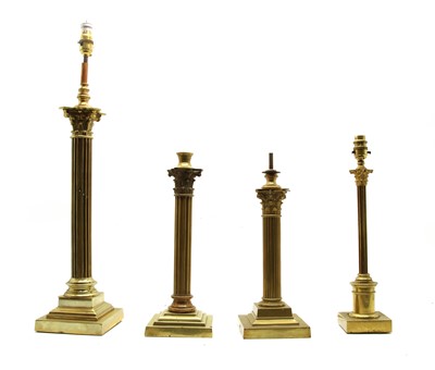 Lot 96F - Four brass stepped corinthian column table lamps
