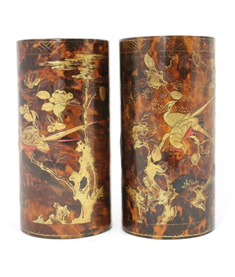 Lot 244 - A pair of Japanese bamboo and imitation tortoiseshell lacquered cylinder vases or brush pots