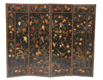 Lot 218 - A leather and painted four-fold screen