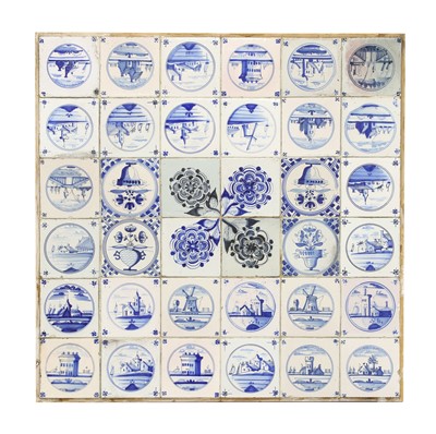 Lot 472 - A panel of thirty-six delftware blue and white tiles