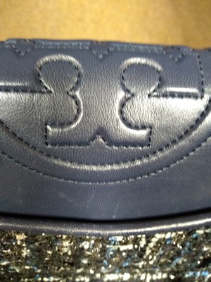 Lot 64 - A Tory Burch blue leather and tweed 'Fleming' bag