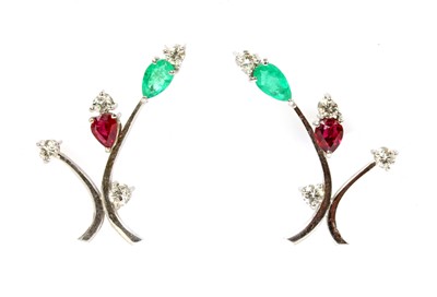 Lot 194 - A pair of white gold emerald, ruby and diamond spray earrings