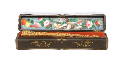 Lot 127 - A Chinese Canton school fan in original lacquer case