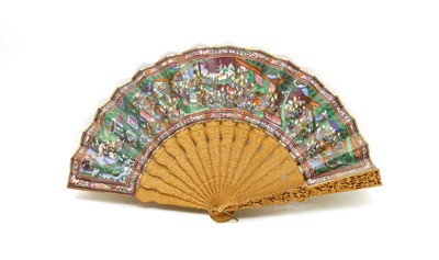 Lot 127 - A Chinese Canton school fan in original lacquer case