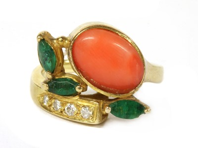 Lot 328 - A gold coral, emerald and diamond ring