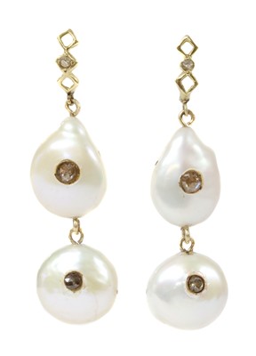 Lot 362 - A pair of gold cultured baroque pearl and diamond earrings
